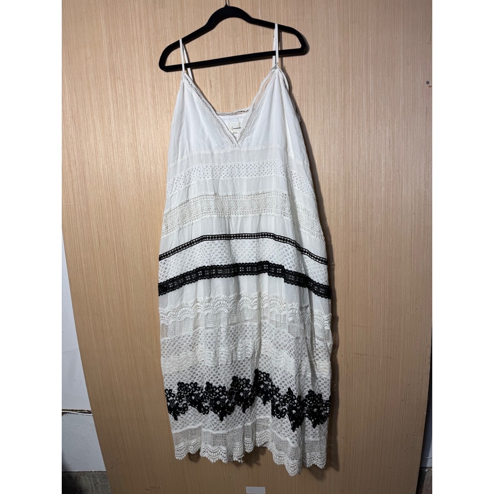 Anthropologie White Lace Crochet Boho Maxi Dress Black Trim XL Sleeveless V-Neck